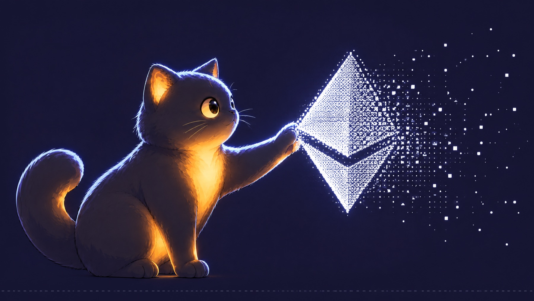 zkCat touching a diamond that scatters into pixels