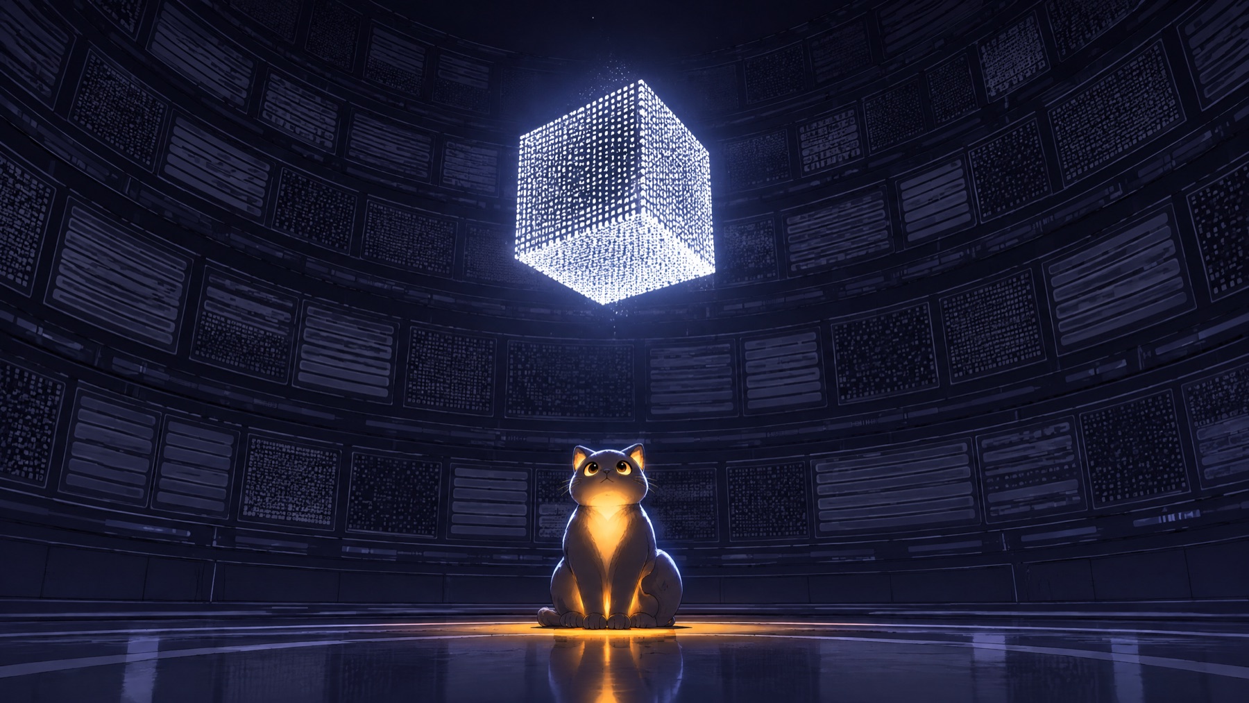 zkCat sitting beneath a glowing proof cube